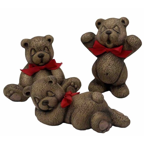 Vintage Brown Teddy Bears  3 Figurines  Red Bows Hand Painted Sleepy Ceramic - Picture 1 of 16